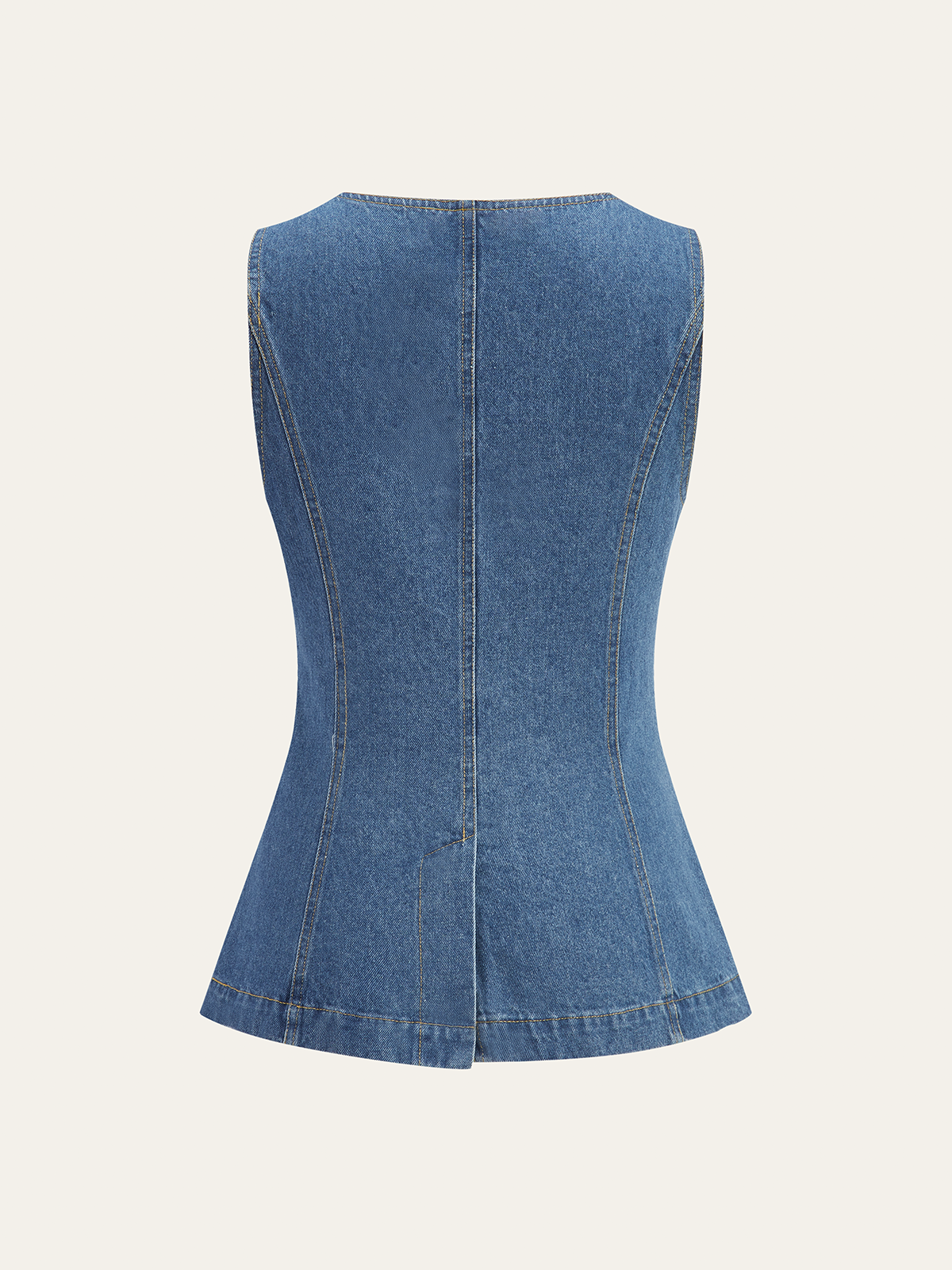 Sleeveless blue polyester denim vest with button closure, tailored seams, center slit, flared hem.