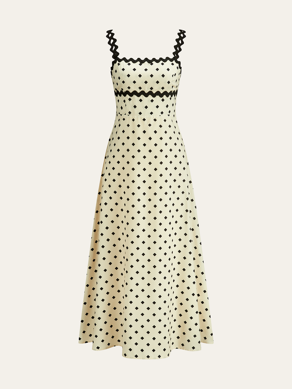 Cream midi dress with black square polka dots, scalloped trim, fitted bodice, flared skirt.