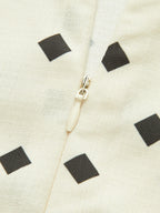 Scalloped strap polka dot midi dress with seamless white concealed zipper detail.