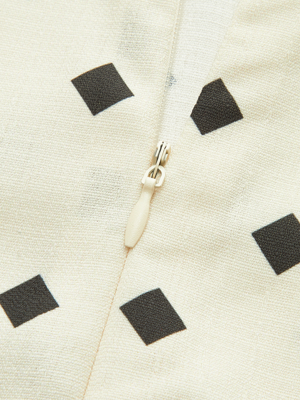 Scalloped strap polka dot midi dress with seamless white concealed zipper detail.