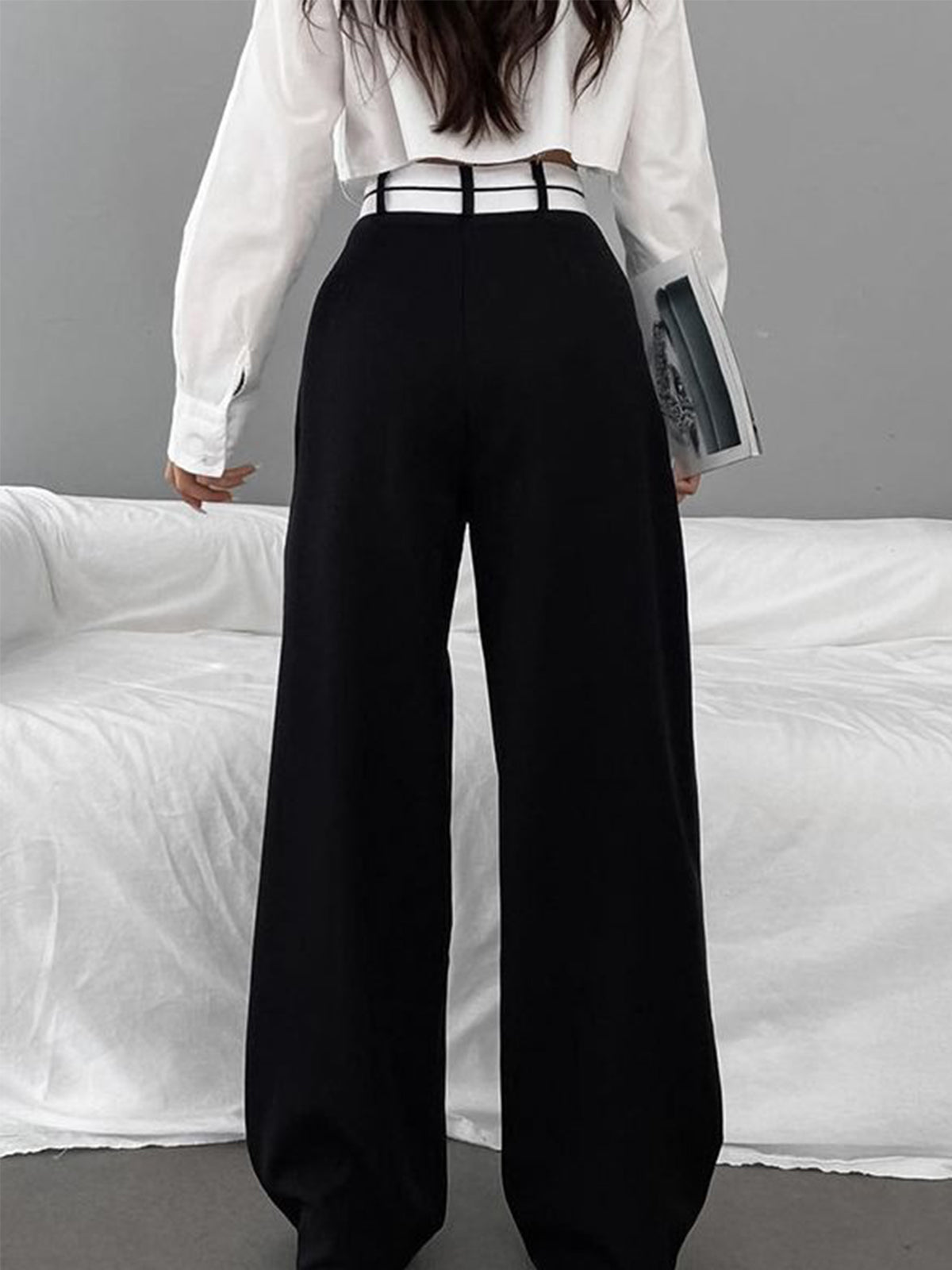 Wide Leg Dress Pants with Asymmetrical Contrast Waistband