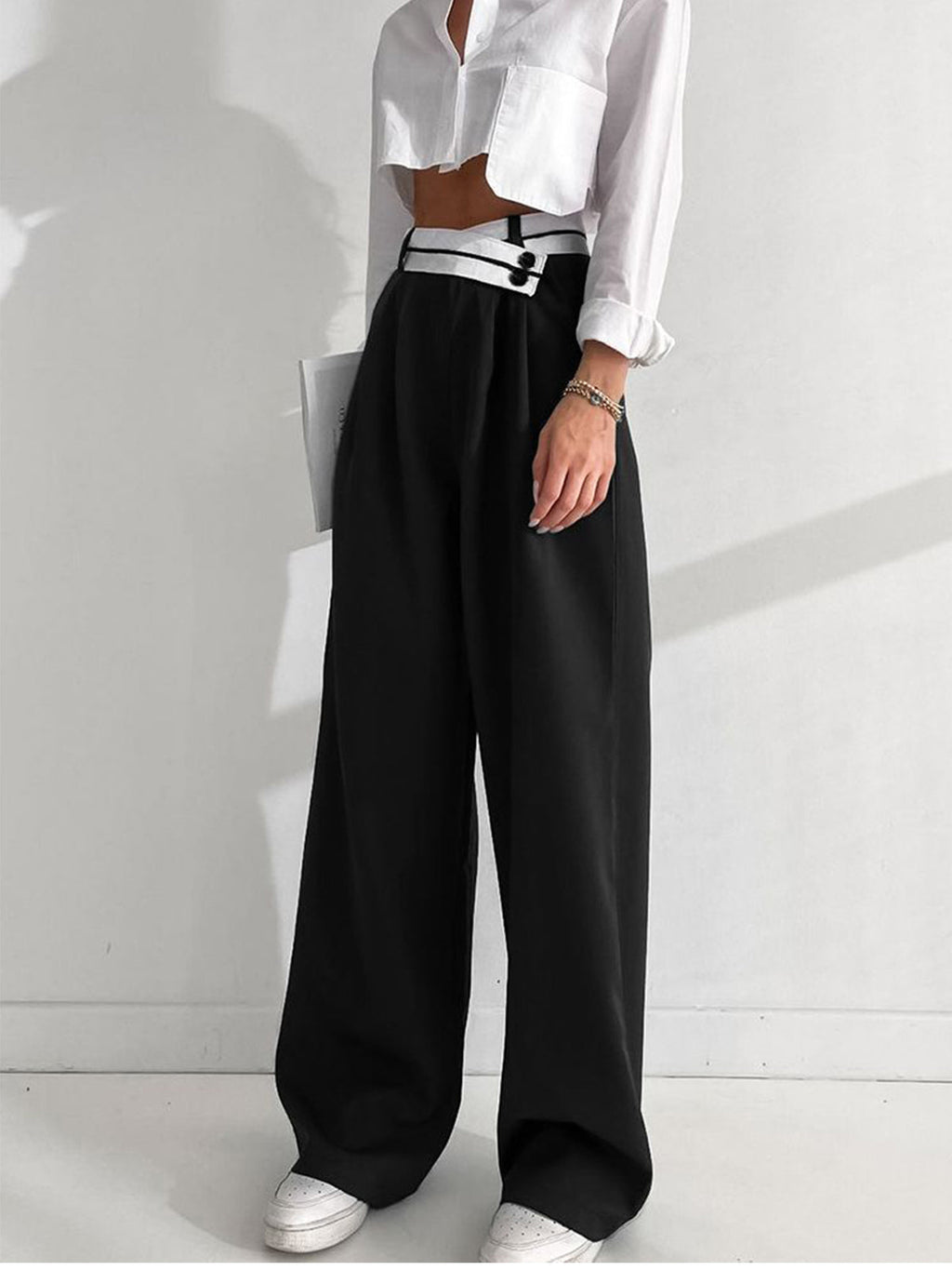 Wide Leg Dress Pants with Asymmetrical Contrast Waistband