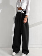 Wide Leg Dress Pants with Asymmetrical Contrast Waistband