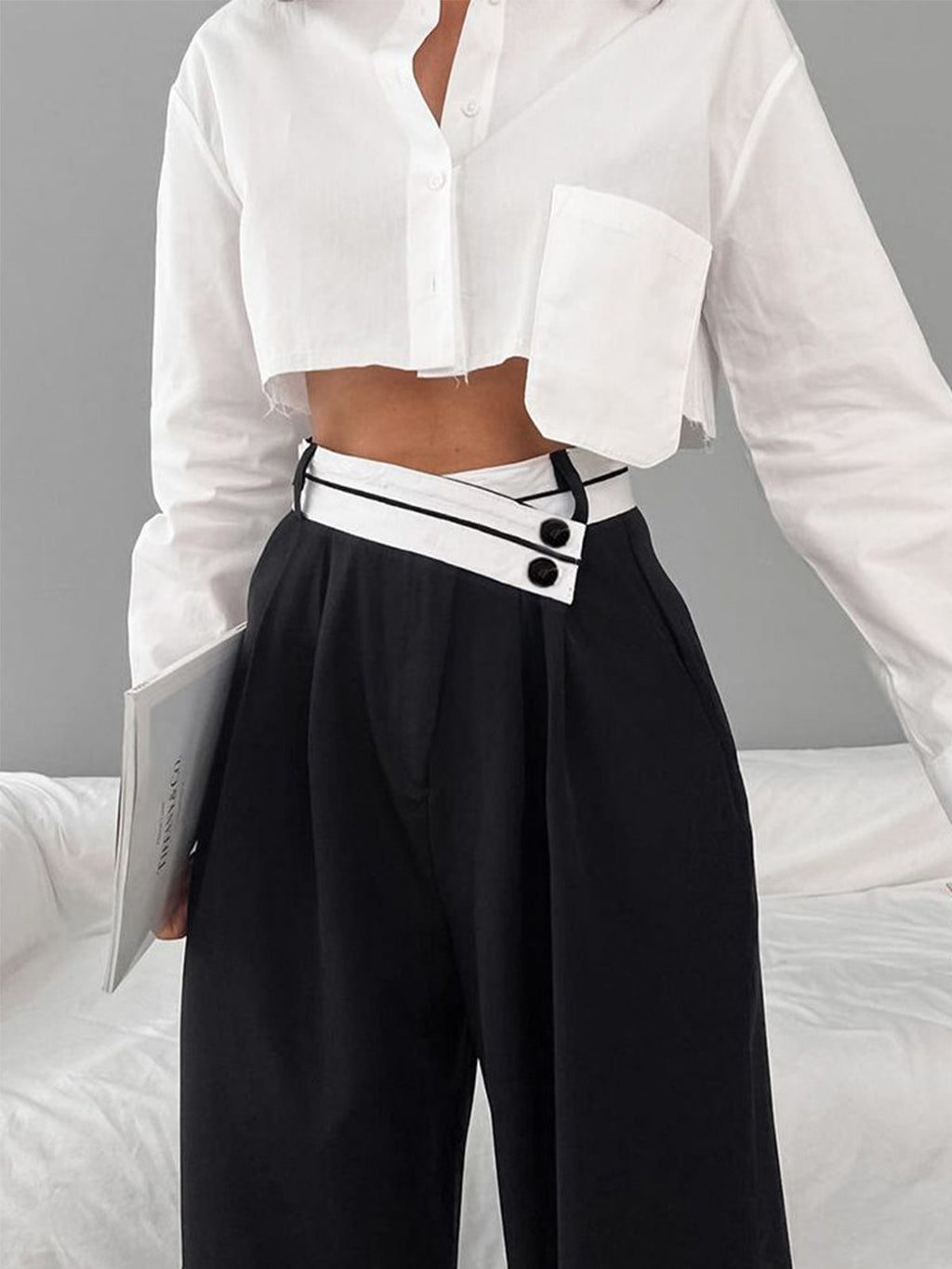 Wide Leg Dress Pants with Asymmetrical Contrast Waistband