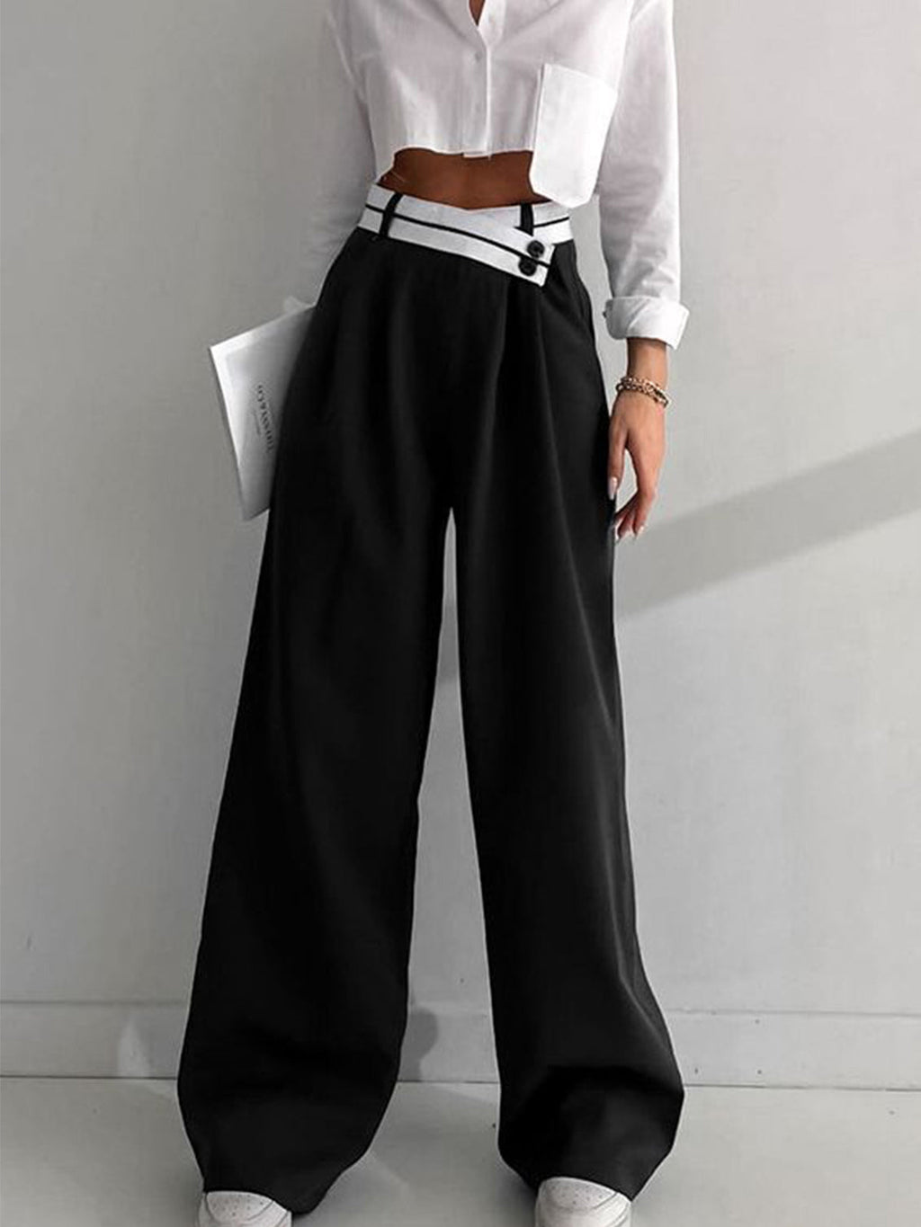 Wide Leg Dress Pants with Asymmetrical Contrast Waistband