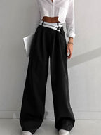 Wide Leg Dress Pants with Asymmetrical Contrast Waistband