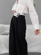 Wide Leg Dress Pants with Asymmetrical Contrast Waistband