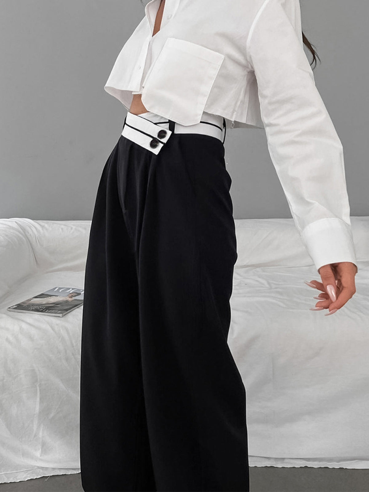 Wide Leg Dress Pants with Asymmetrical Contrast Waistband