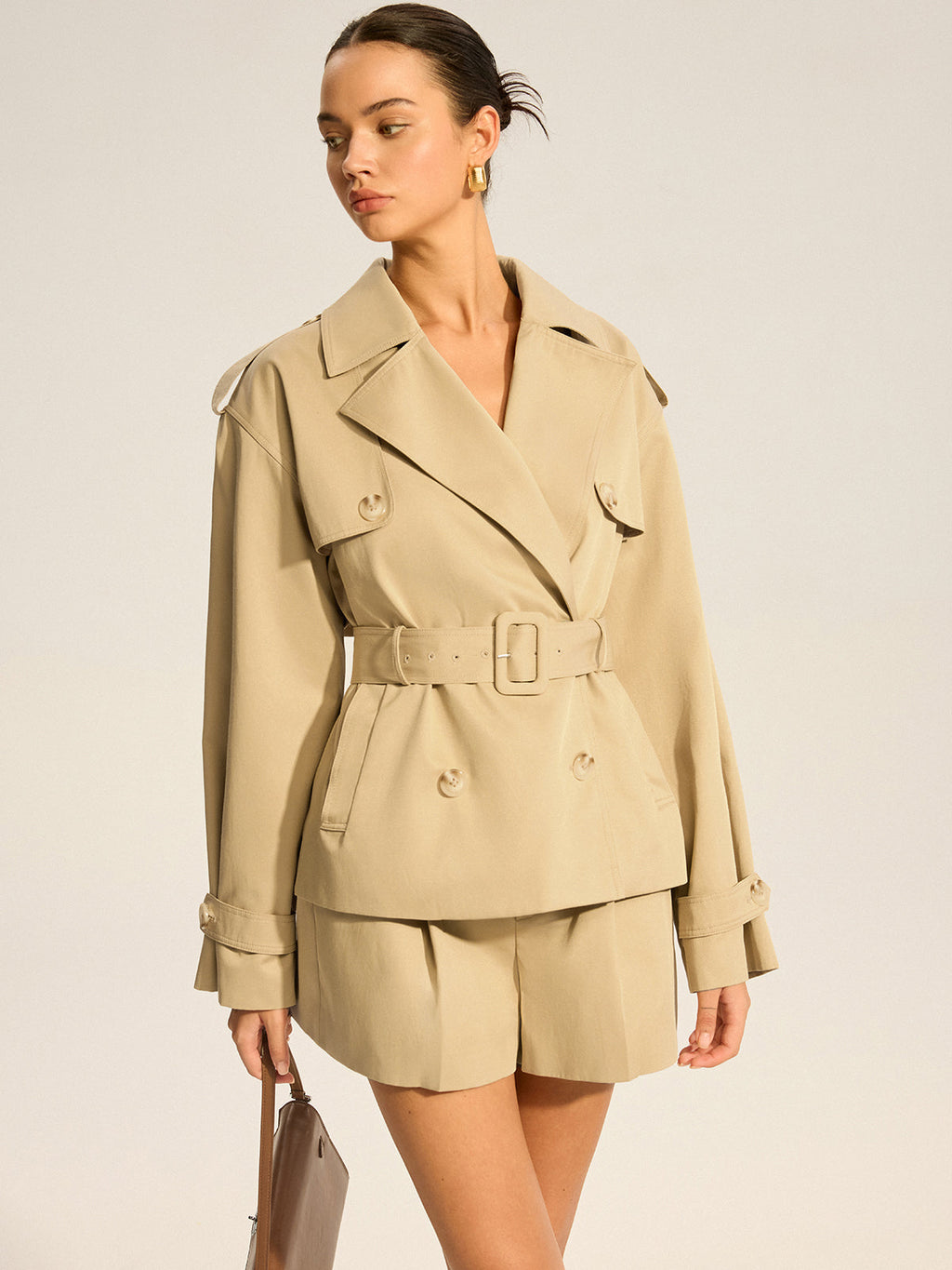 Double-Breasted Cotton Blend Belted Trench Coat