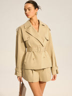 Double-Breasted Cotton Blend Belted Trench Coat