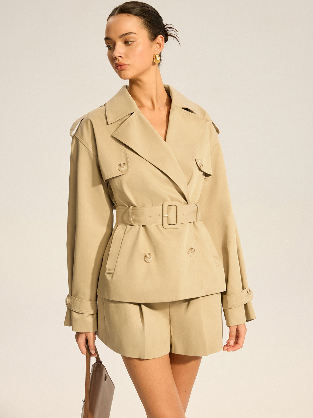 Double-Breasted Cotton Blend Belted Trench Coat