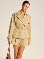 Double-Breasted Cotton Blend Belted Trench Coat
