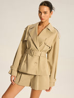Double-Breasted Cotton Blend Belted Trench Coat