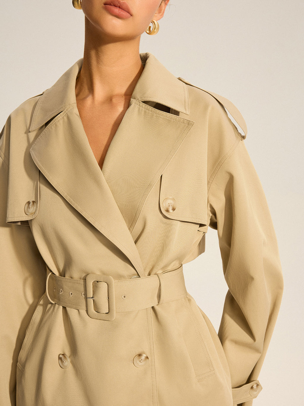 Double-Breasted Cotton Blend Belted Trench Coat