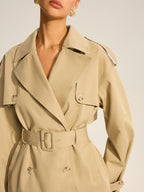 Double-Breasted Cotton Blend Belted Trench Coat
