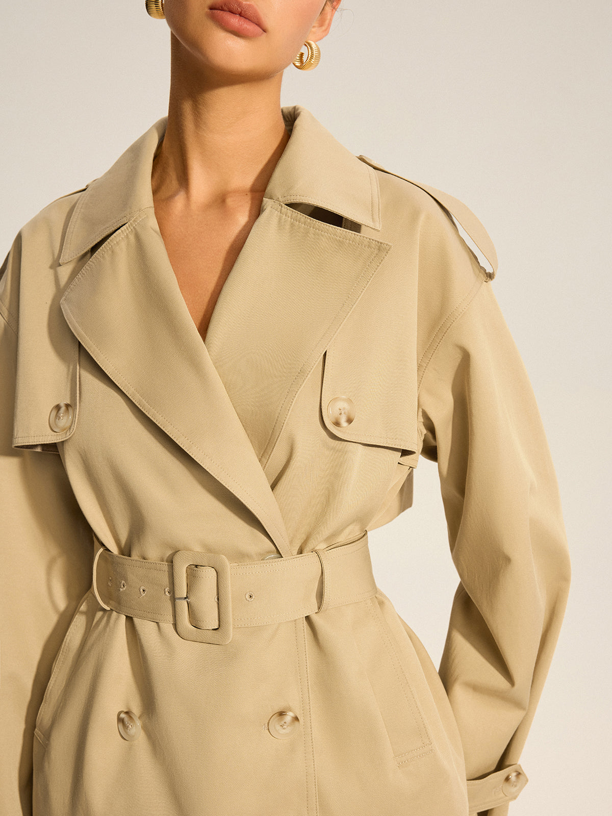 Double-Breasted Cotton Blend Belted Trench Coat