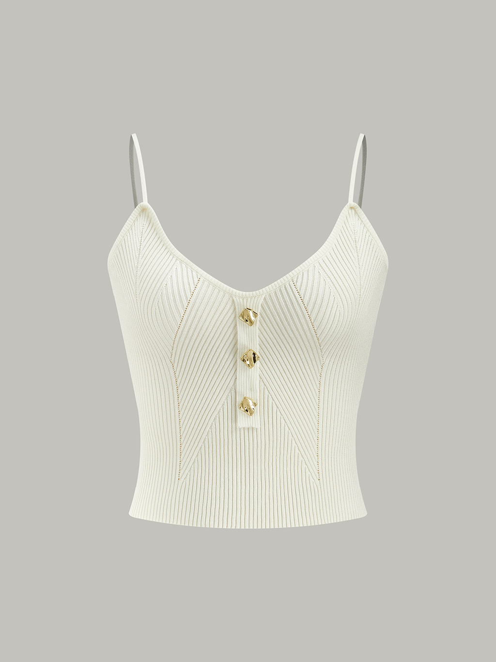 White ribbed knit cami top with thin straps, V-neckline, and metal button details.