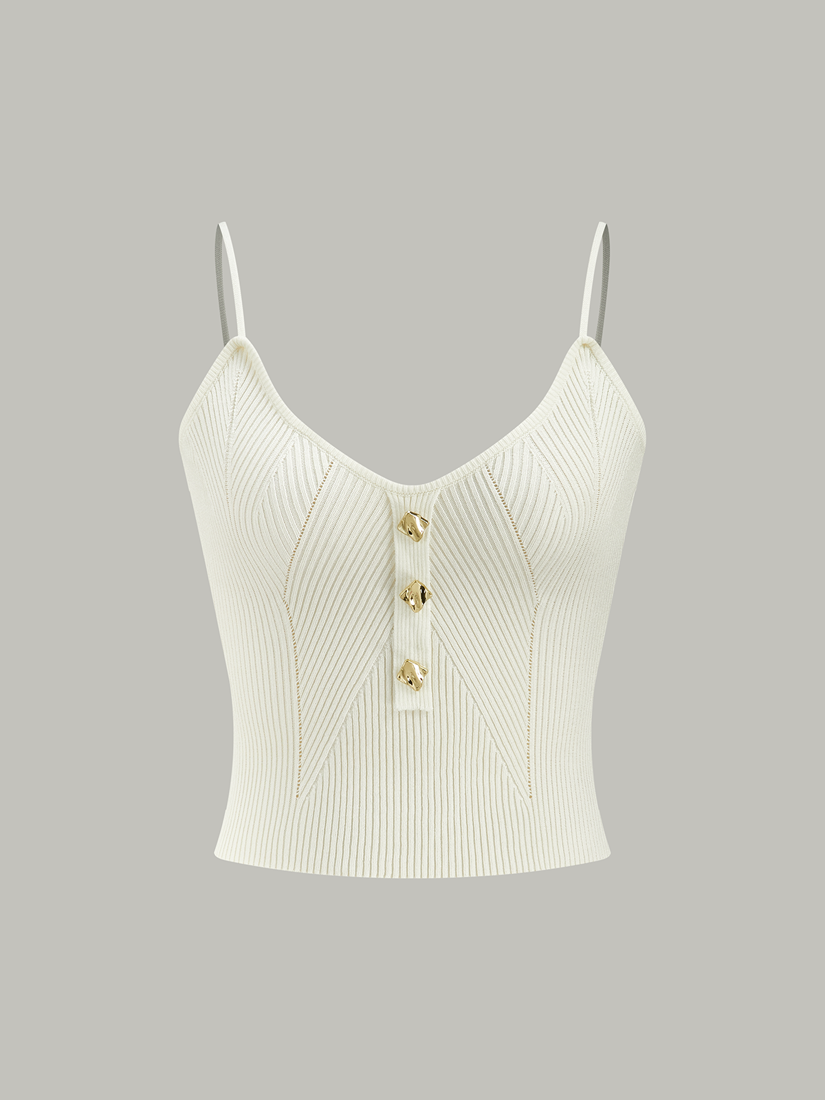 White ribbed knit cami top with thin straps, V-neckline, and metal button details.
