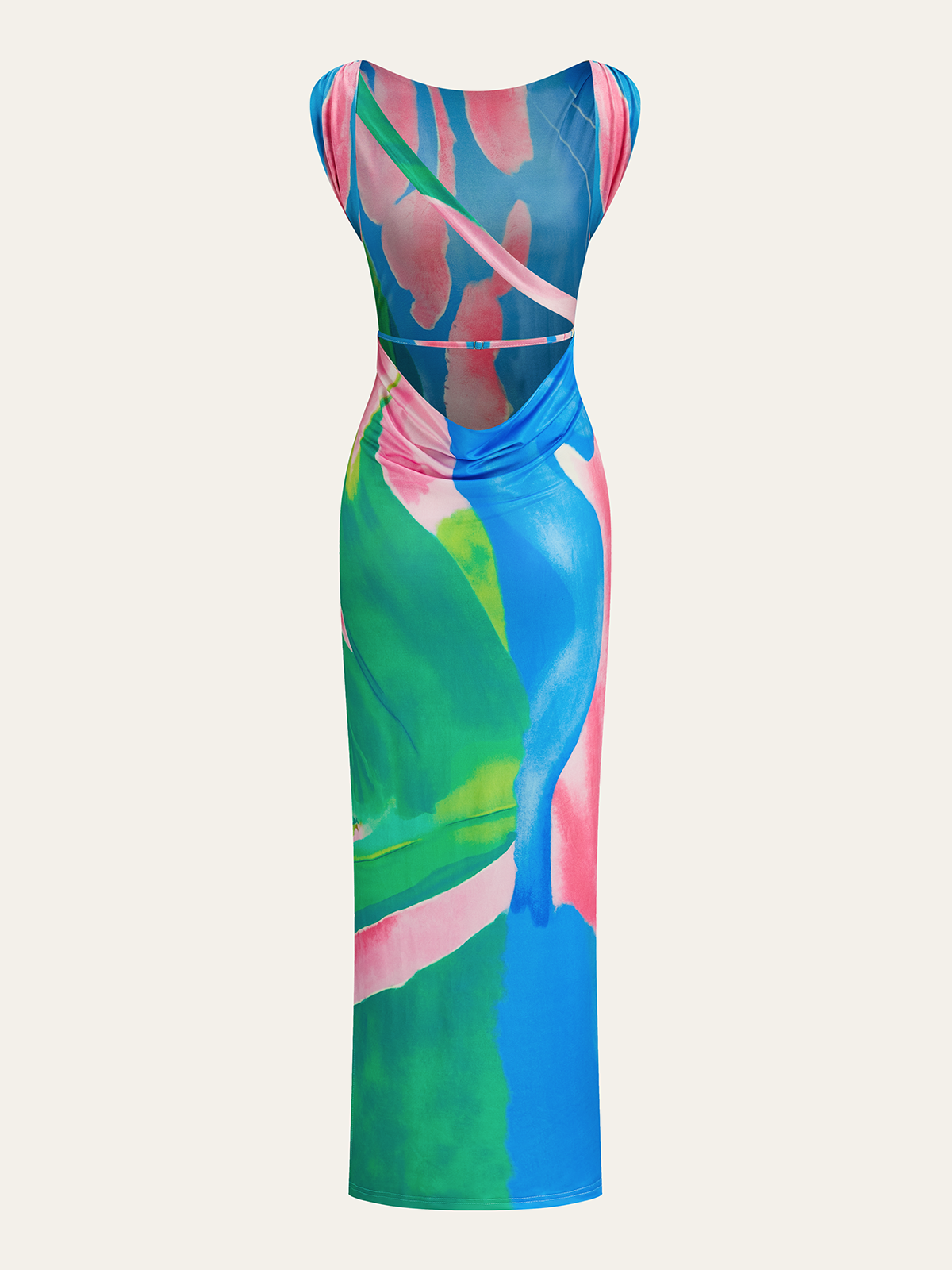 Slim-fit sleeveless jersey maxi dress with open back, draped waist, and bold floral print.