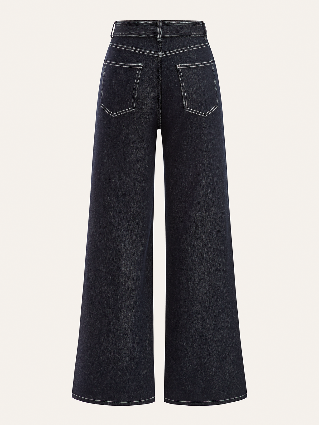 High-waisted dark navy denim trousers with white contrast stitching and two back patch pockets.
