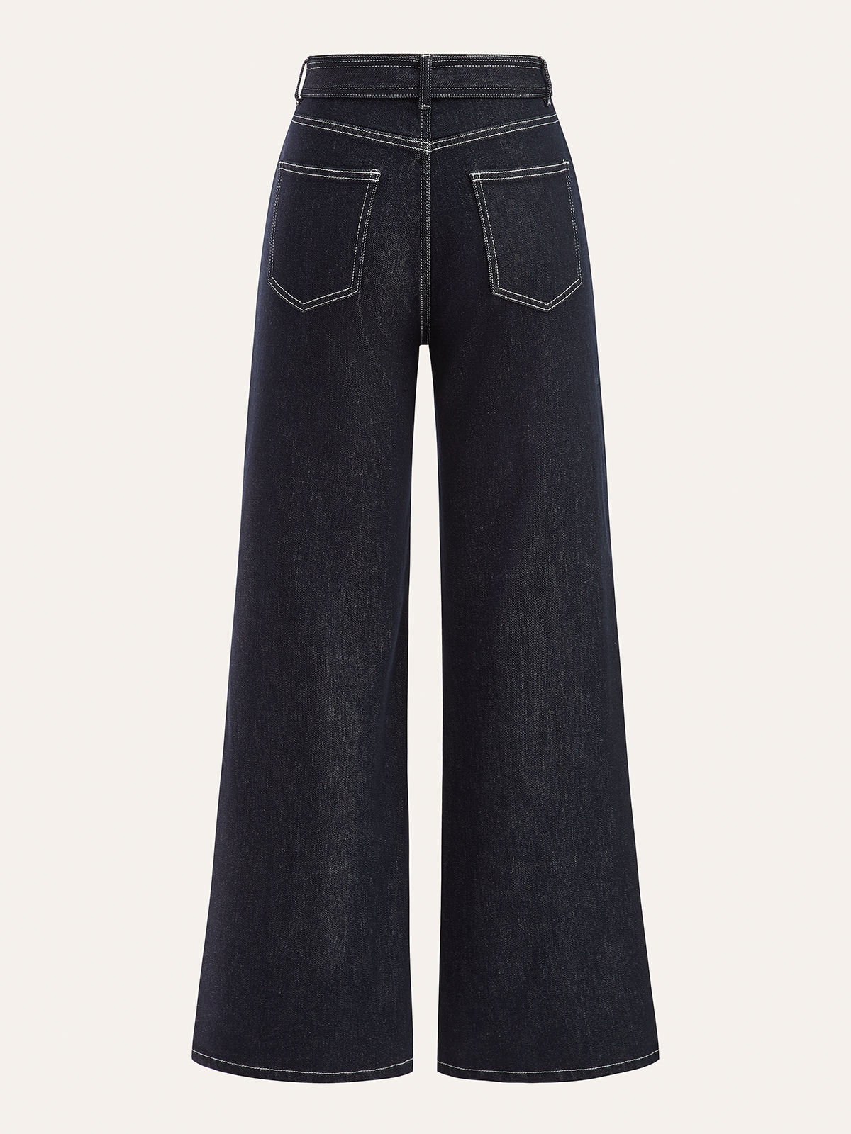 High-waisted dark navy denim trousers with white contrast stitching and two back patch pockets.