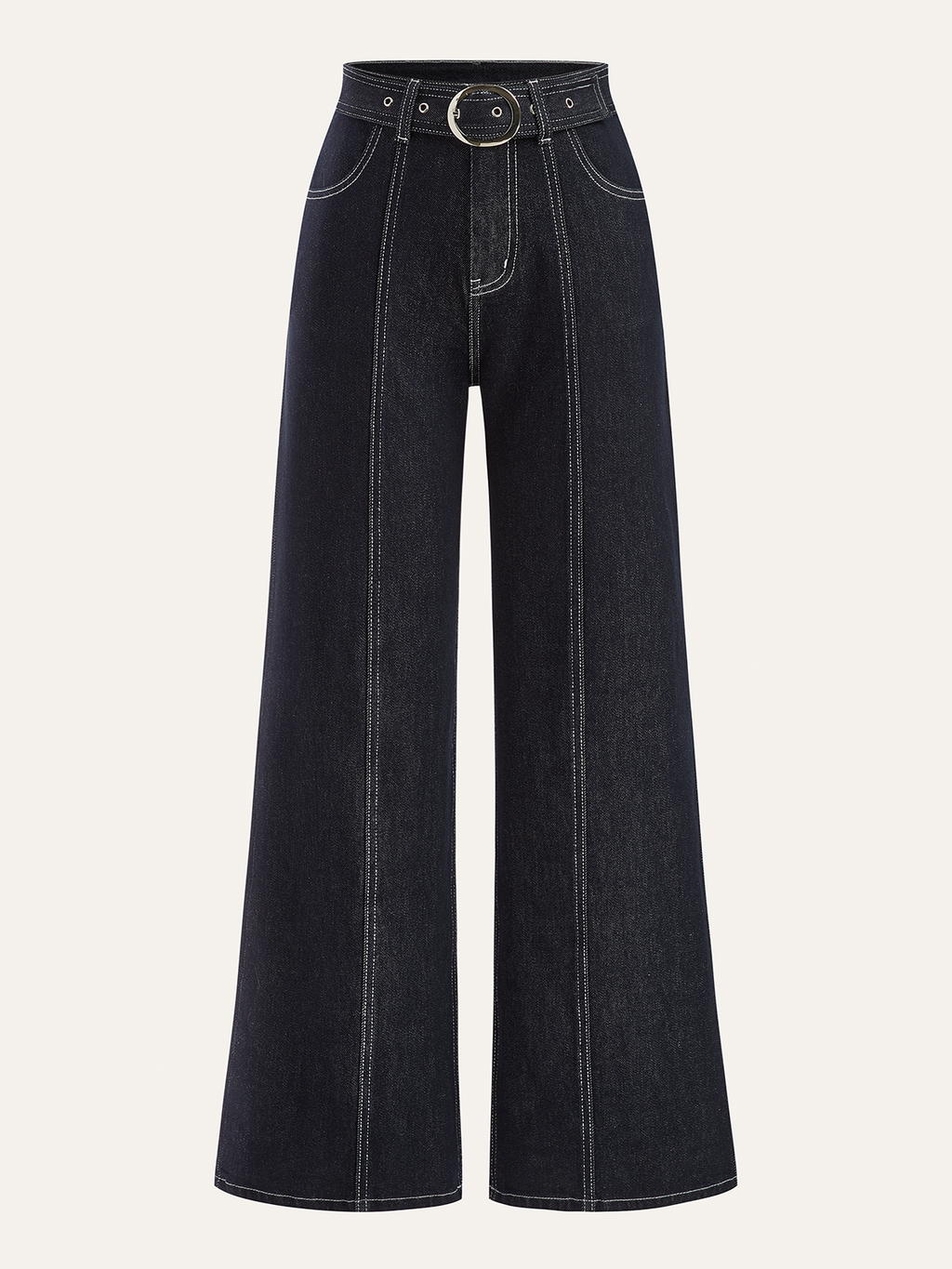 Wide-leg denim trousers with front pockets, bold white stitching, and a belted circular buckle.