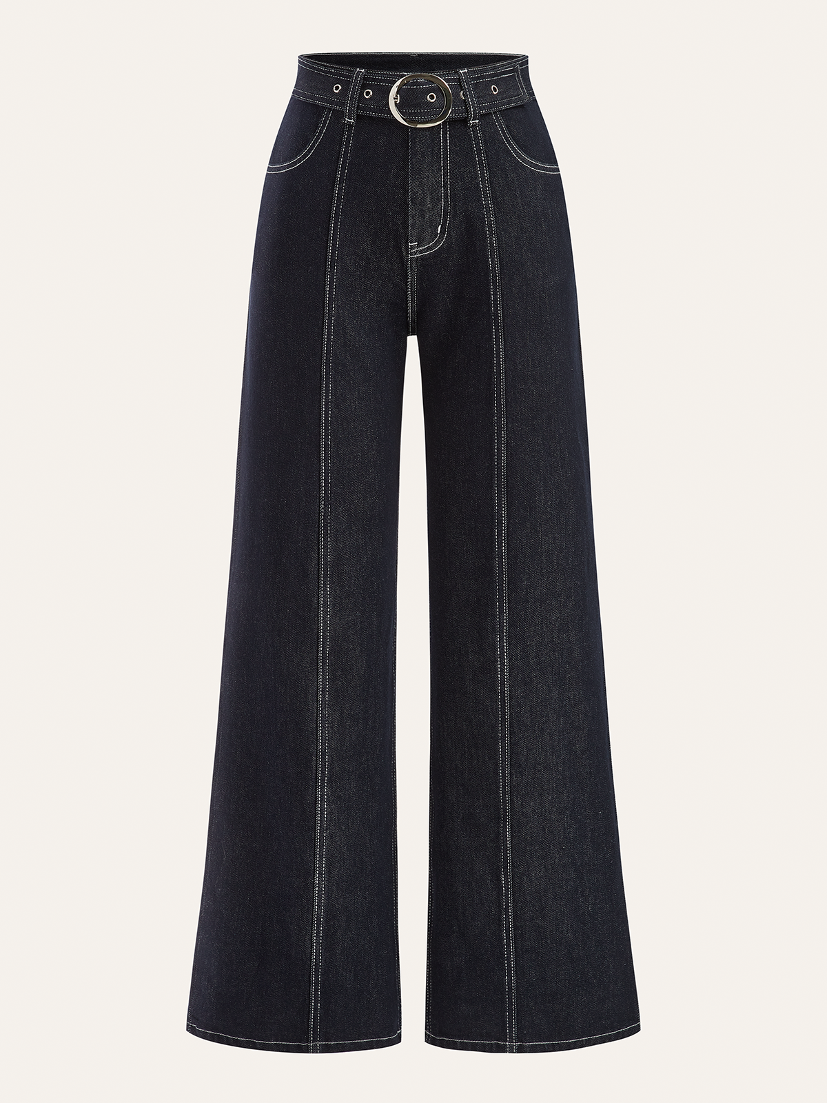 Wide-leg denim trousers with front pockets, bold white stitching, and a belted circular buckle.
