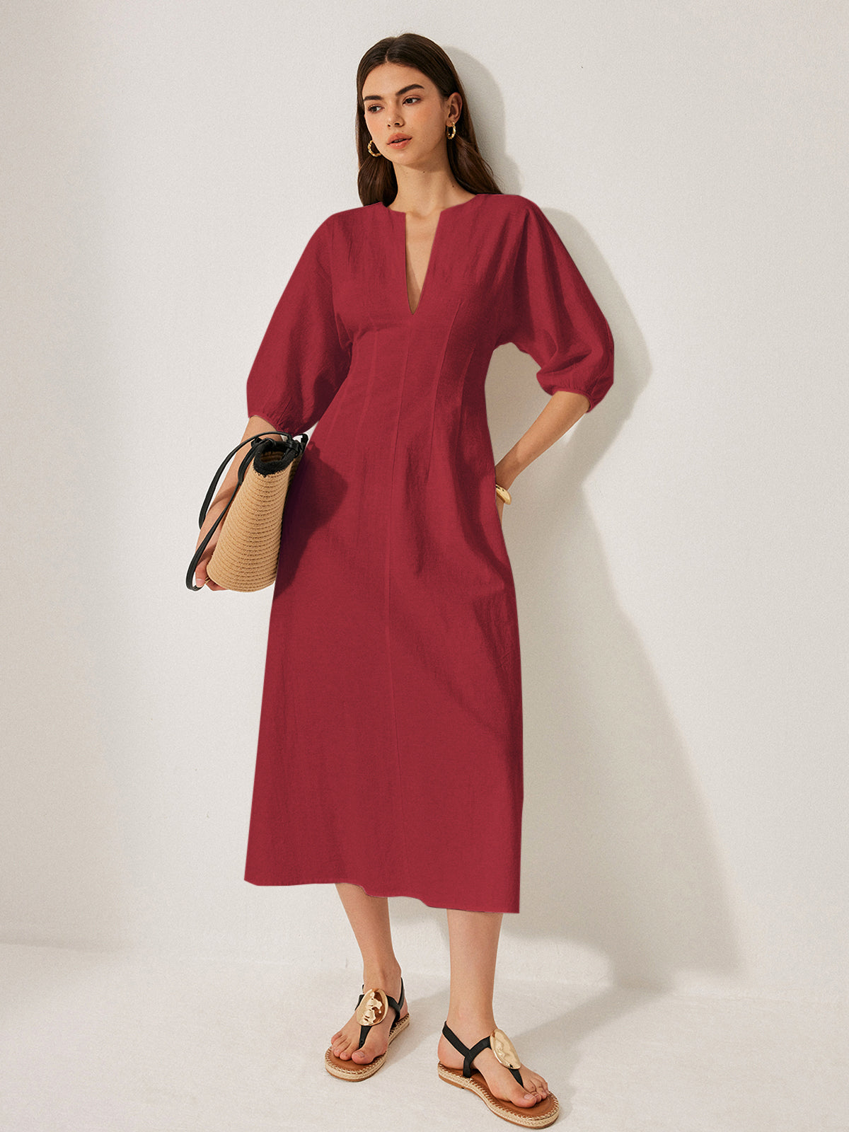 Cotton and linen dress with puff sleeves from LA FINE FLEUR, relaxed silhouette.