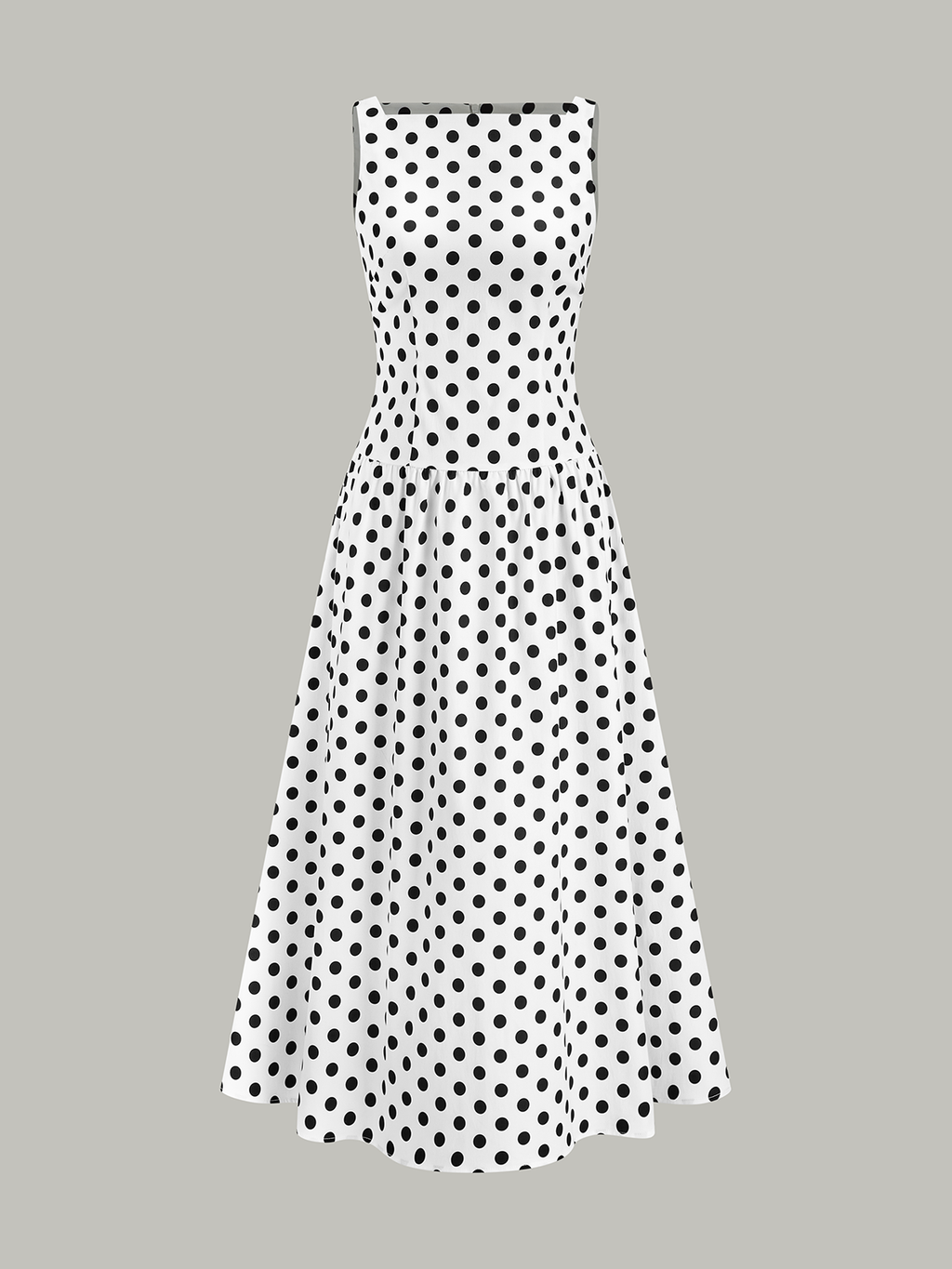 Sleeveless midi dress with black polka dots, fitted bodice, and flared skirt in gray-white.