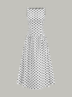 Sleeveless midi dress with black polka dots, fitted bodice, and flared skirt in gray-white.