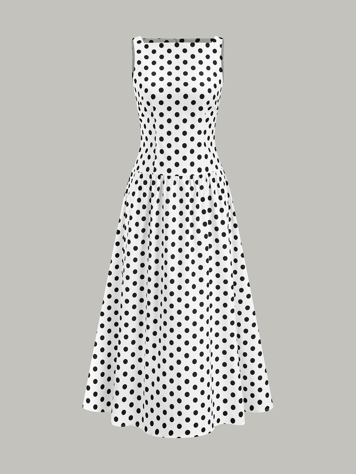 Sleeveless midi dress with black polka dots, fitted bodice, and flared skirt in gray-white.