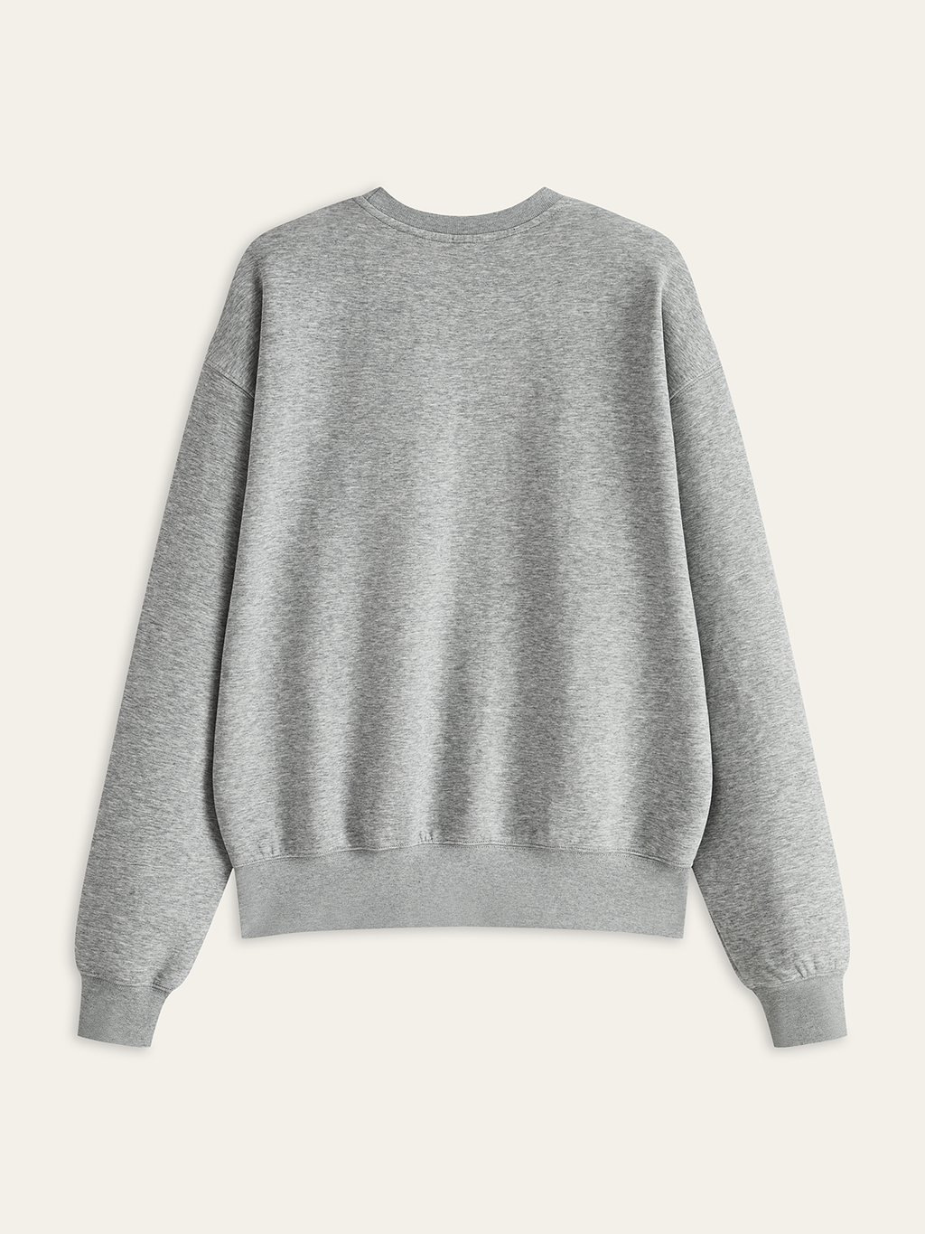 A plain light grey crew neck sweatshirt with long sleeves, ribbed cuffs, and waistband.