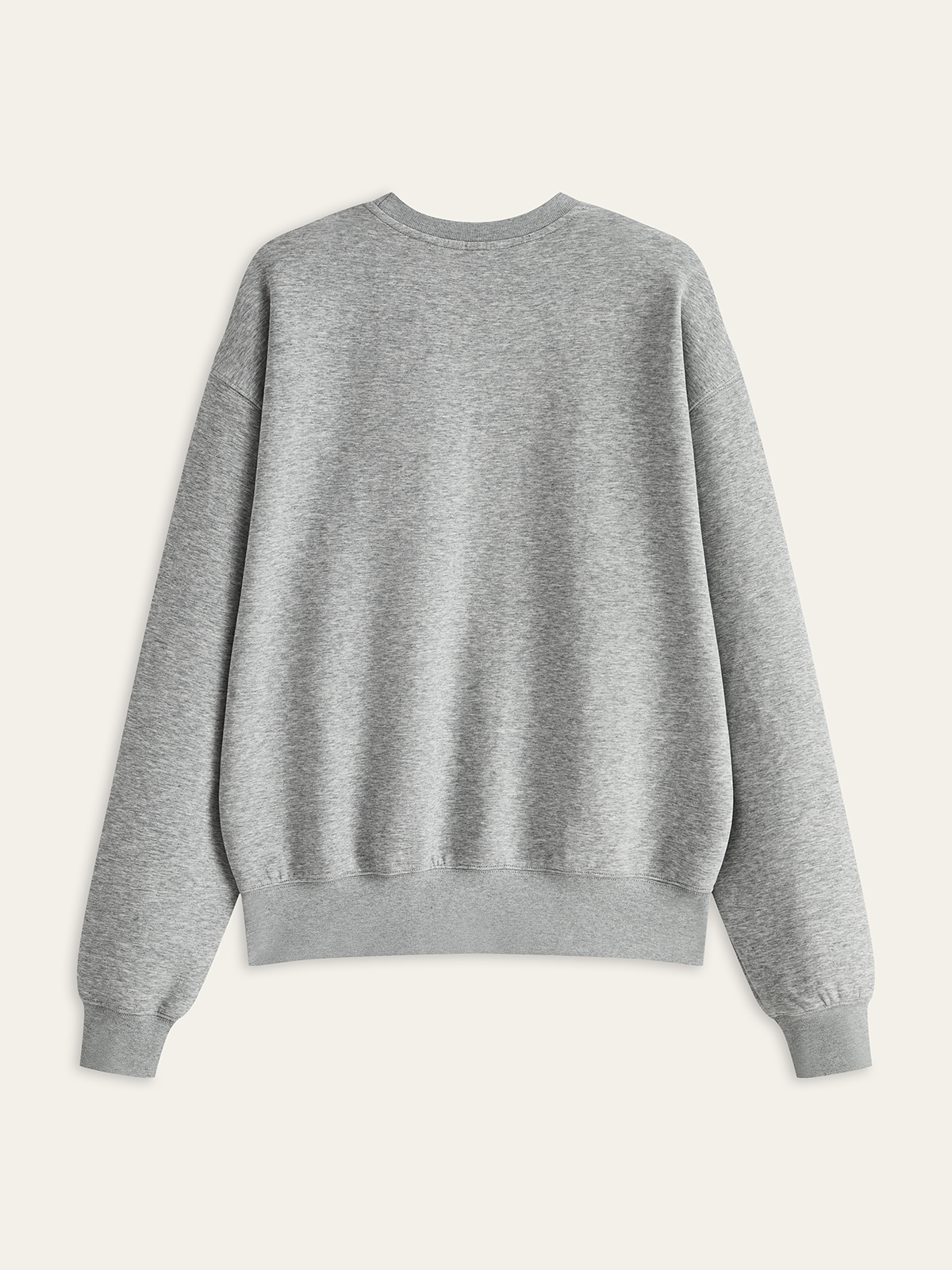 A plain light grey crew neck sweatshirt with long sleeves, ribbed cuffs, and waistband.