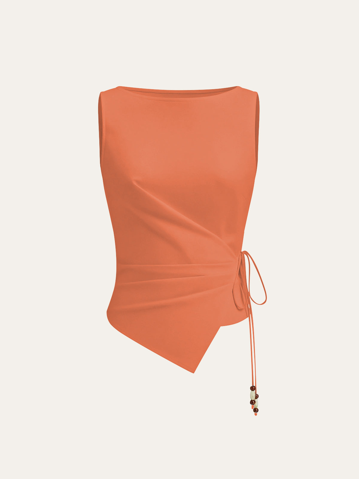 Vibrant orange sleeveless top with boat neckline, asymmetric hem, and beaded wrap-tie detail.