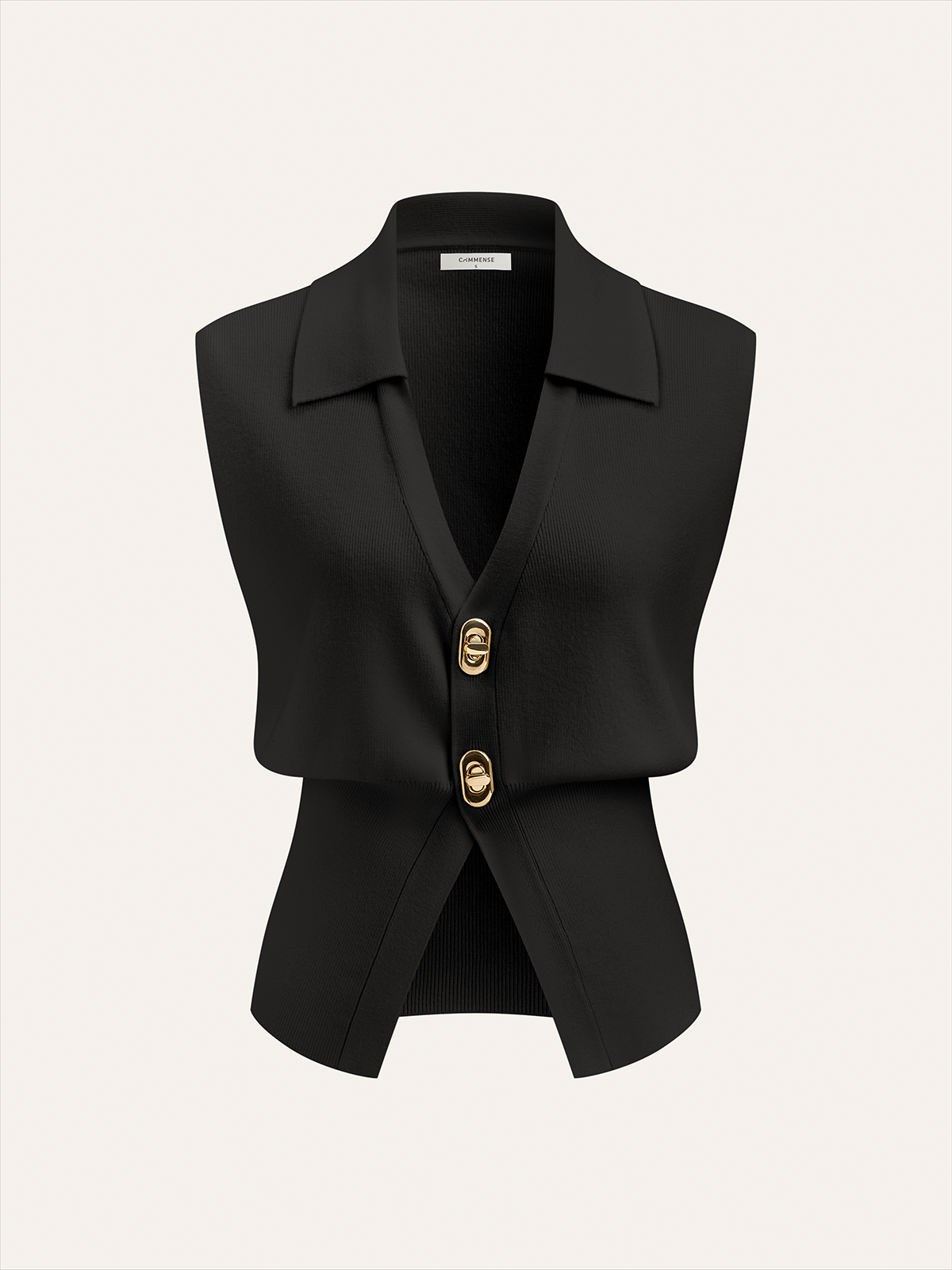 Sleeveless black knitted vest with collar and two large metallic buttons on the front.