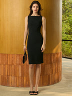 Sleeveless mid-length sheath dress in a solid hue, tailored for a flattering women's fit.