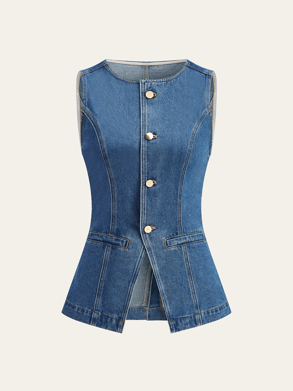 Blue polyester sleeveless vest with gold buttons, flap pockets, tailored shaping, and decorative stitching.