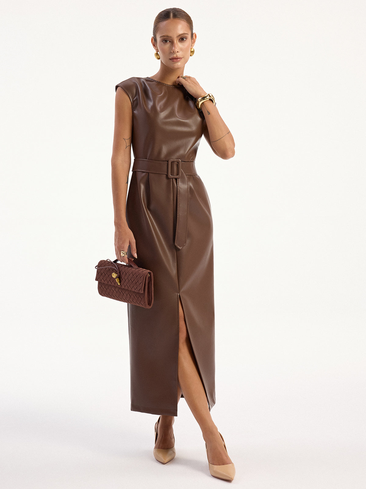 Sleeveless brown faux leather midi dress with a belted waist from LA FINE FLEUR.
