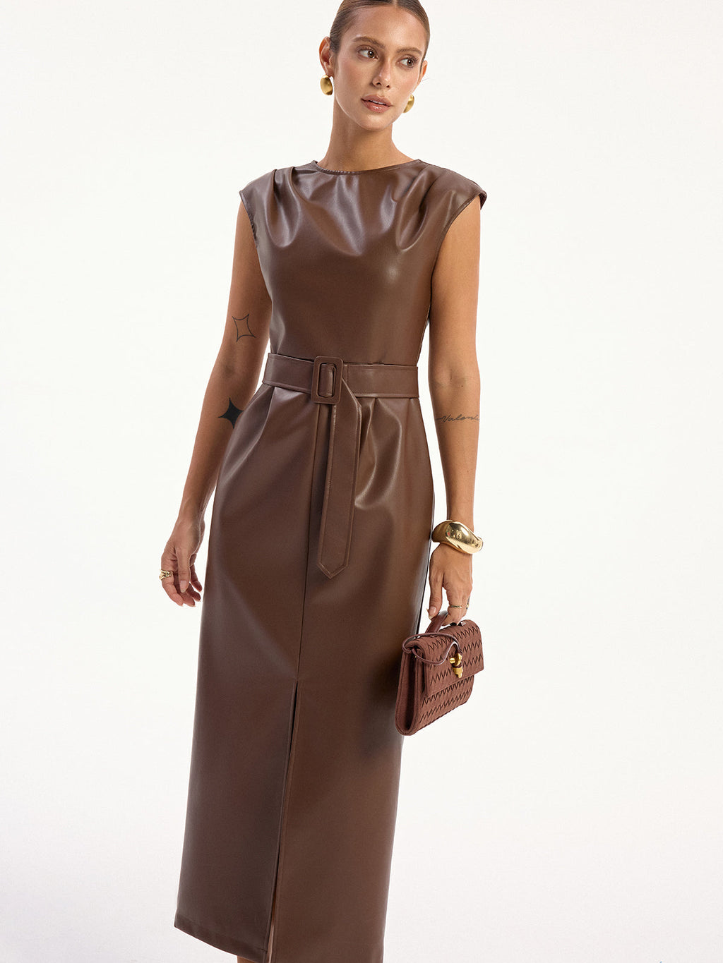 Brown faux leather sleeveless midi dress with belt from LA FINE FLEUR.