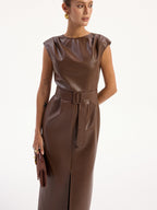 A brown faux leather sleeveless midi dress with a belt from LA FINE FLEUR.