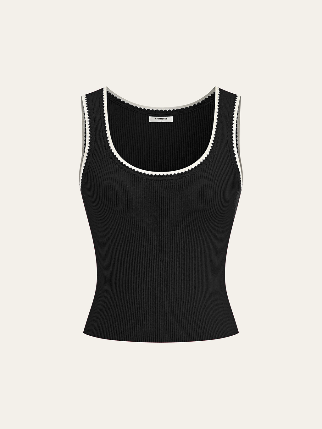 A black ribbed knit tank top with scalloped white trim at the neckline and armholes.