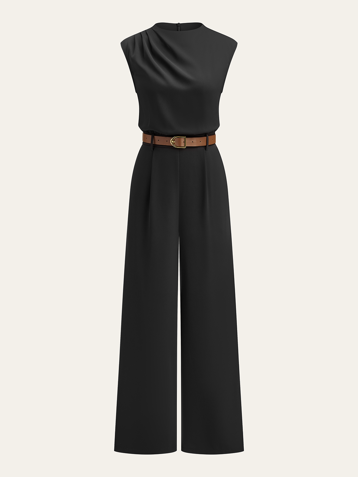 Sleek sleeveless mock neck jumpsuit with wide legs and a brown belt with gold buckle.