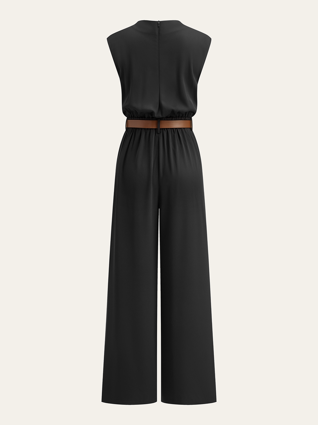 Mock neck jumpsuit with brown belt, wide legs, fitted waist, and upper back zipper.