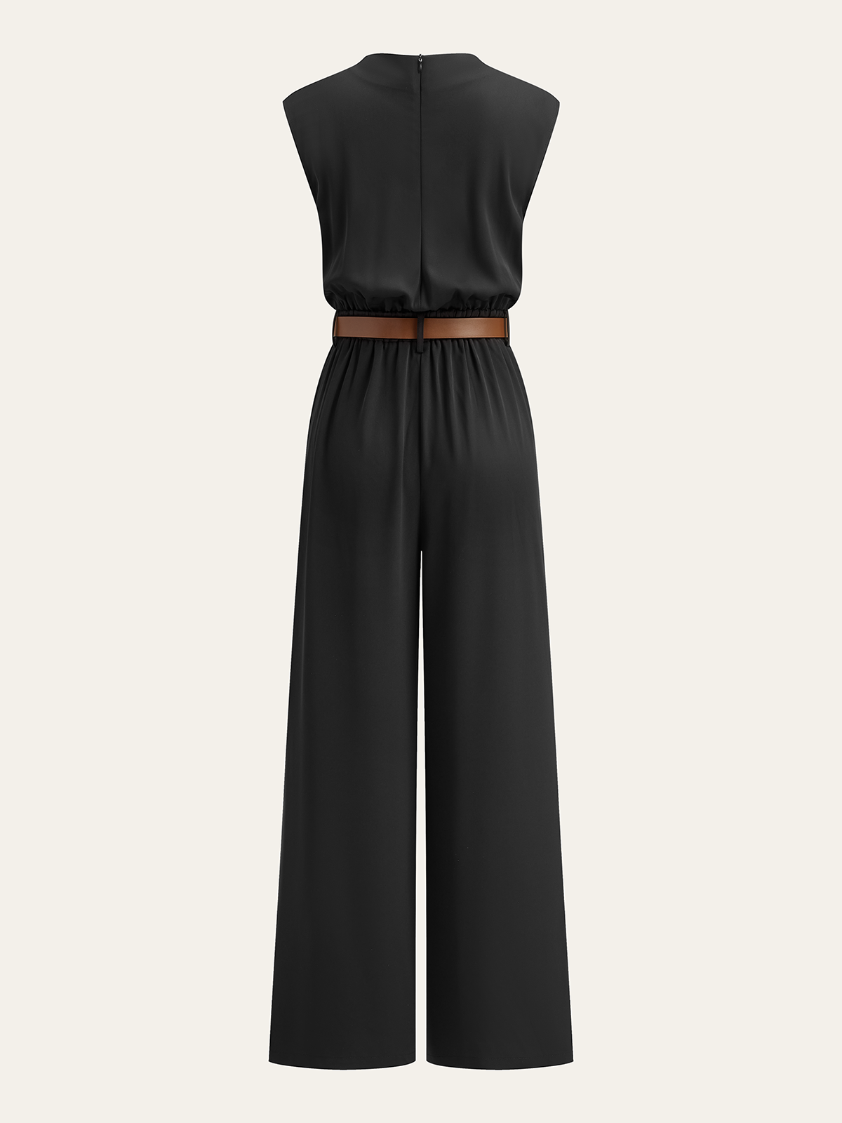 Mock neck jumpsuit with brown belt, wide legs, fitted waist, and upper back zipper.