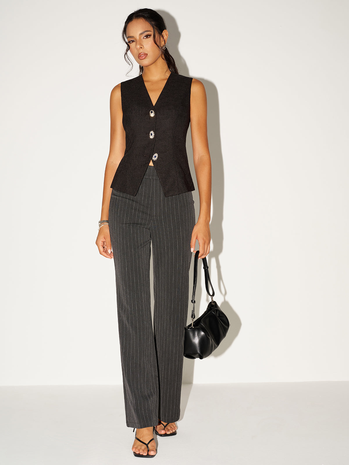 Casual Low-Rise Trousers with Pinstripe Detail