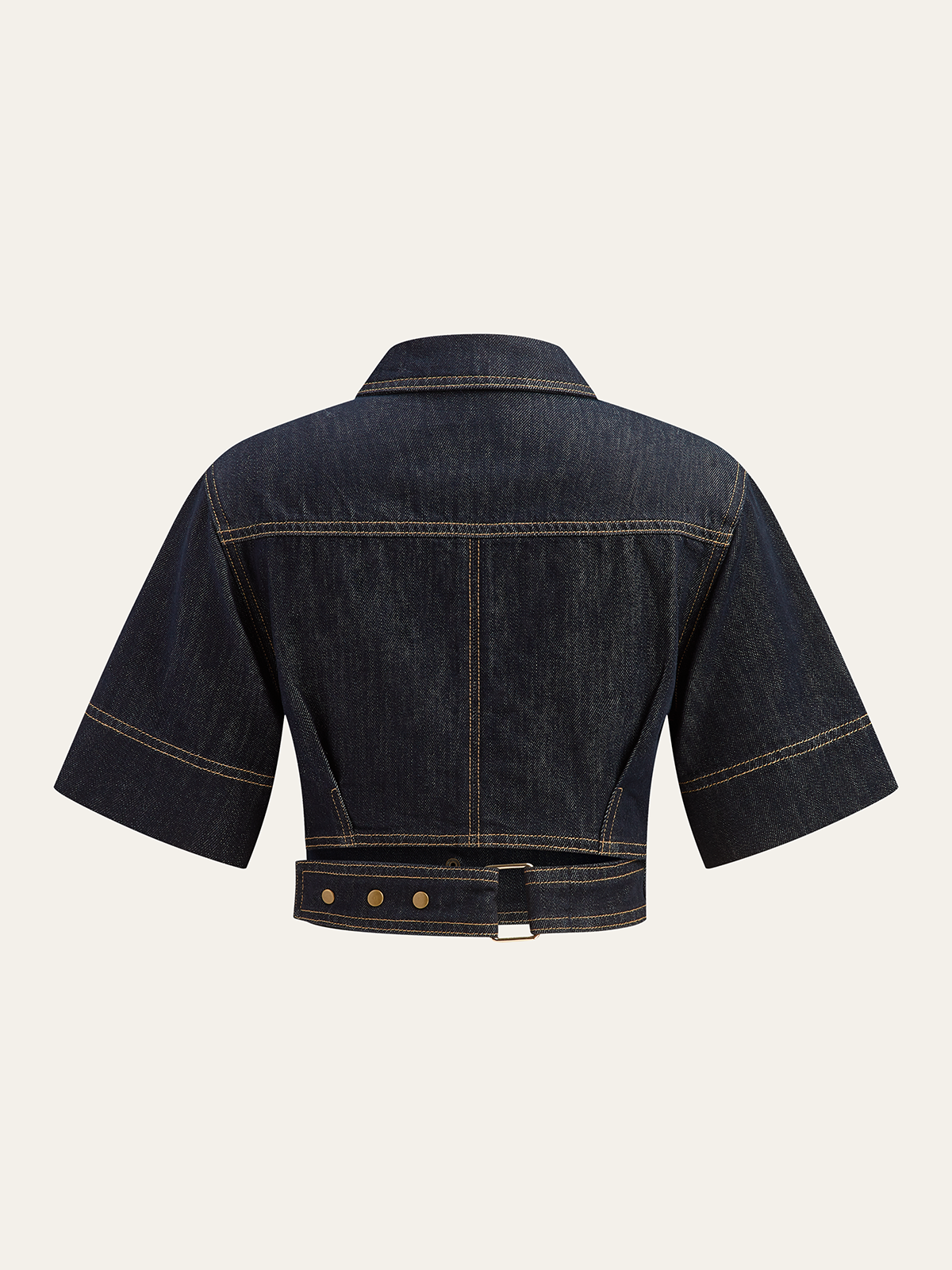 Cropped denim top, short sleeves, collar, belted hem with brass hardware at back.
