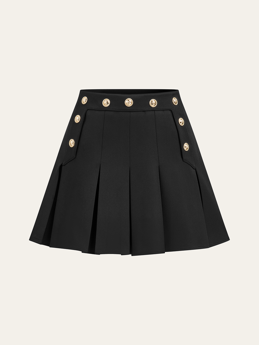 Black pleated mini skirt with gold double-row buttons and two front flap pockets.