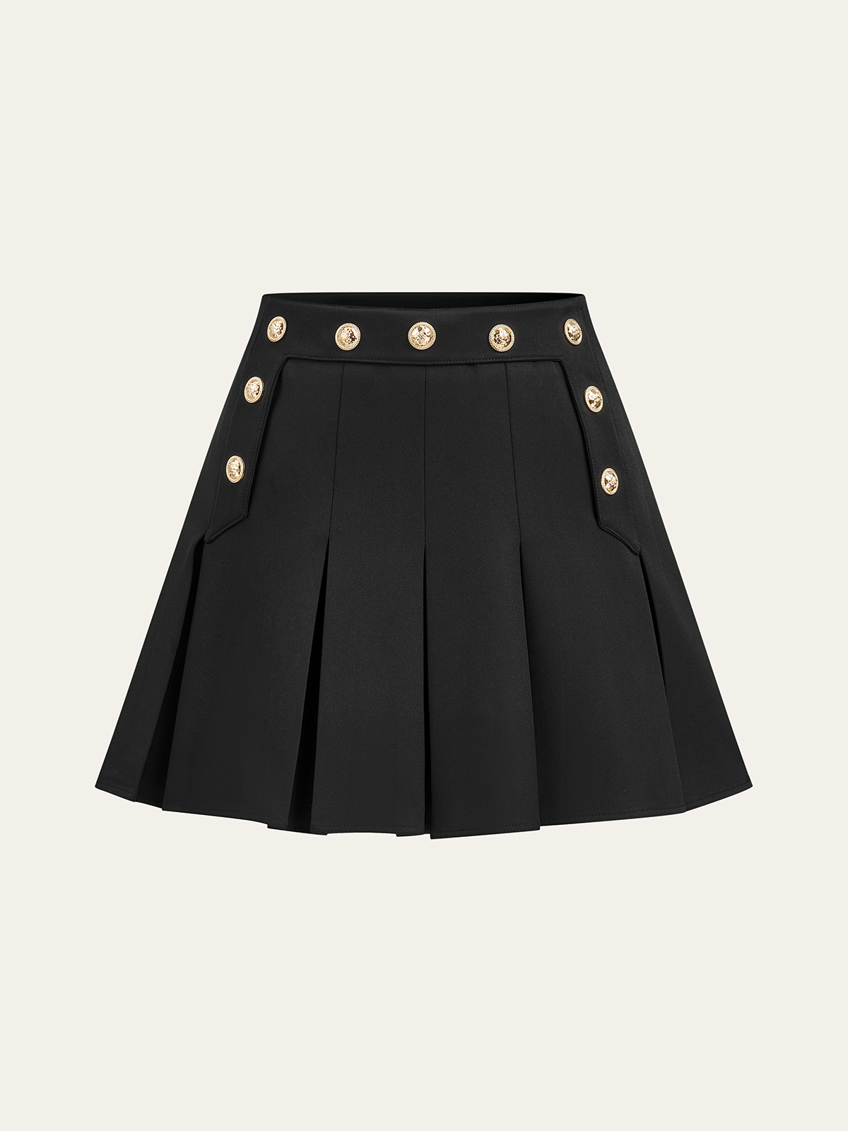 Black pleated mini skirt with gold double-row buttons and two front flap pockets.