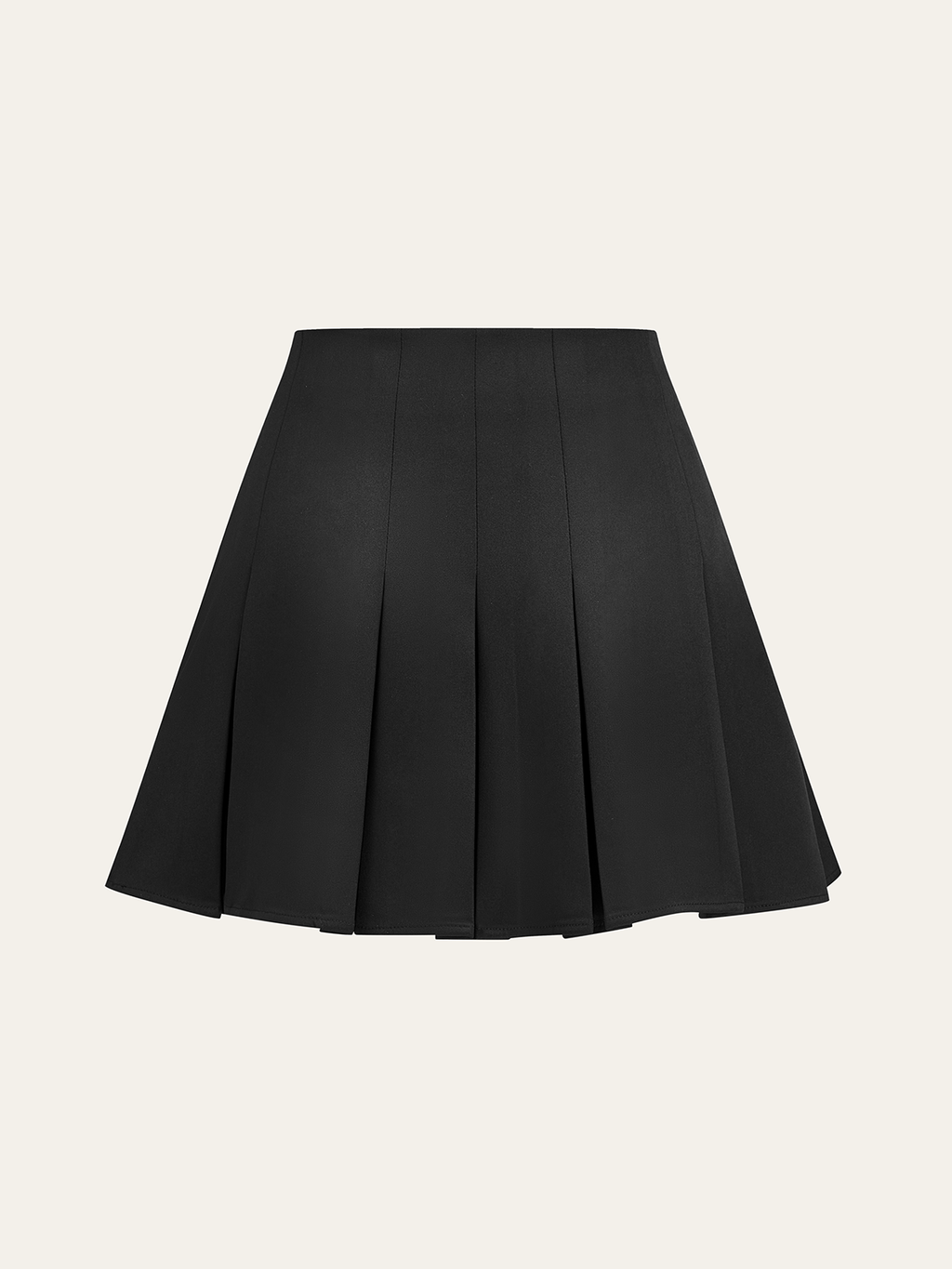Black pleated mini skirt with decorative buttons and a mid-rise fit.
