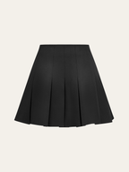Black pleated mini skirt with decorative buttons and a mid-rise fit.